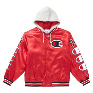 シュプリーム champion 偽物 シュプリーム ボックス ロゴ ジャケット Hooded Satin Varsity Jacket Red