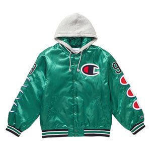 シュプリーム champion 偽物 シュプリーム ボックス ロゴ ジャケット Hooded Satin Varsity Jacket Kelly Green